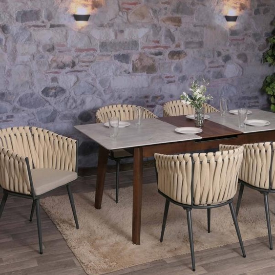 lot de 6 chaises de salle à manger en aluminium HWC-N38, chaise dintérieur avec accoudoirs, corde tressée en oléfine ~ crème Coussin marron clair