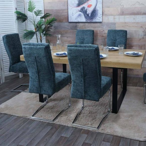 lot de 6 chaises de salle à manger HWC-G56, chaise de cuisine cantilever chaise inclinable, métal tissu/textile chenille ~ bleu-vert