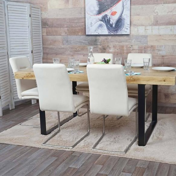 lot de 6 chaises de salle à manger HWC-H70, chaise de cuisine à piétement luge, tissu/textile inox brossé ~ crème-beige