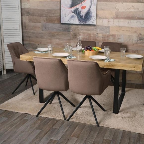 lot de 6 chaises de salle à manger HWC-L80, chaise de cuisine rembourrée chaise avec accoudoirs, pivotante, métal tissu/textile ~ marron