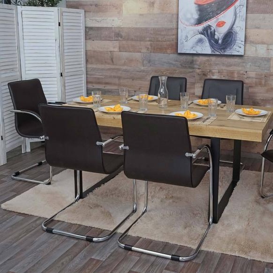 lot de 6 chaises de salle à manger Samara, chaise de cuisine à piétement luge, acier ~ brun