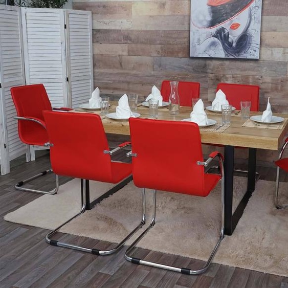 lot de 6 chaises de salle à manger Samara, chaise de cuisine à piétement luge, acier ~ rouge