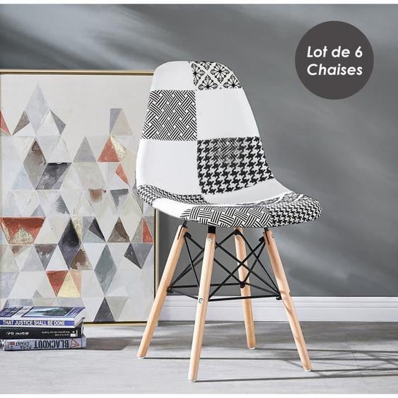 Lot de 6 Chaises en Tissu Patchwork et Métal Noir - Noir & Blanc