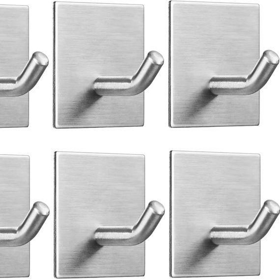 Lot de 6 crochets adhésifs robustes en acier inoxydable pour cuisine, salle de bain, maison, porte, serviette, manteau, argent