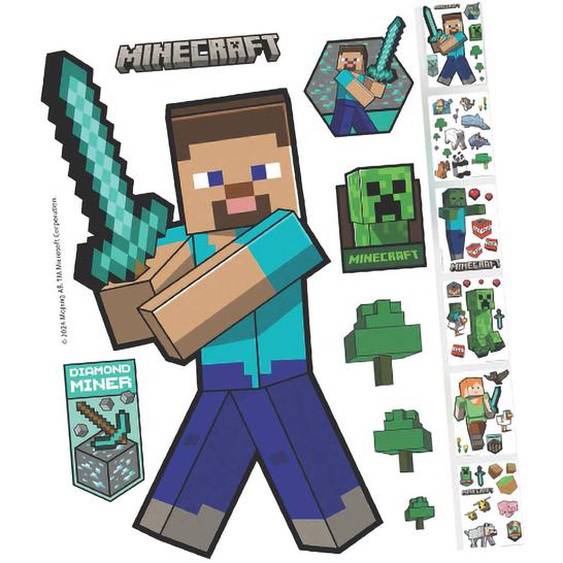 Lot De 6 Feuilles Dautocollants Muraux Minecraft – +50 Stickers Faciles À Retirer Multicolore