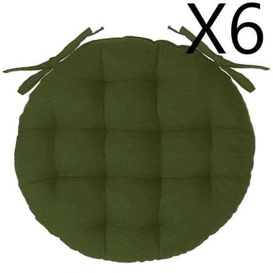 Lot de 6 galettes de chaise rondes coloris vert Kaki en coton - Diamètre 38 x hauteur 6,5 cm