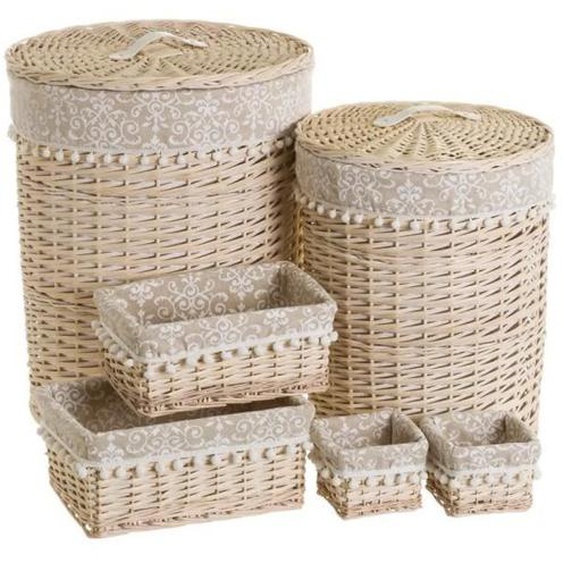 Lot de 6 panier de rangement tressé avec pompons, corbeille de rangement avec couvercle en osier-tissu coloris naturel