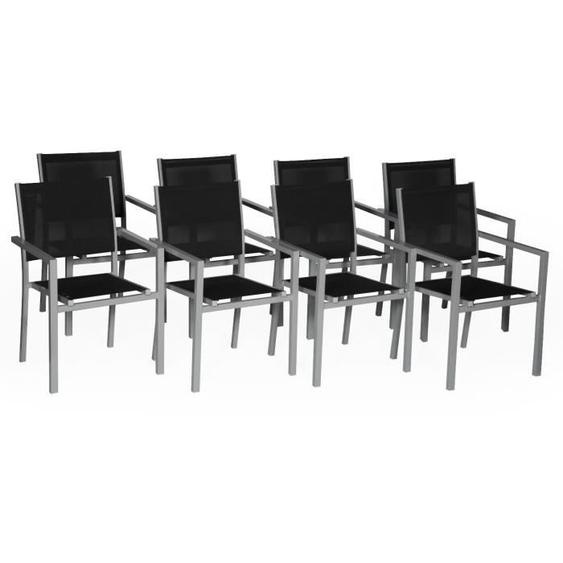 Lot de 8 chaises en aluminium gris - textilène noir