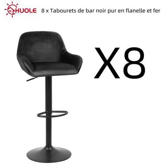 Lot de 8 Tabourets de bar noir pur en flanelle et fer avec dossier réglable en hauteur - HUOLE