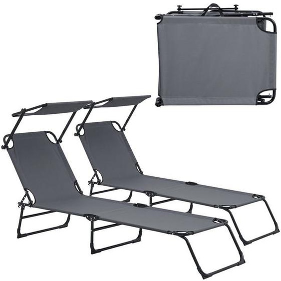 Lot de deux transats pliable avec toiture pare soleil de relax acier 190 cm gris fonce
