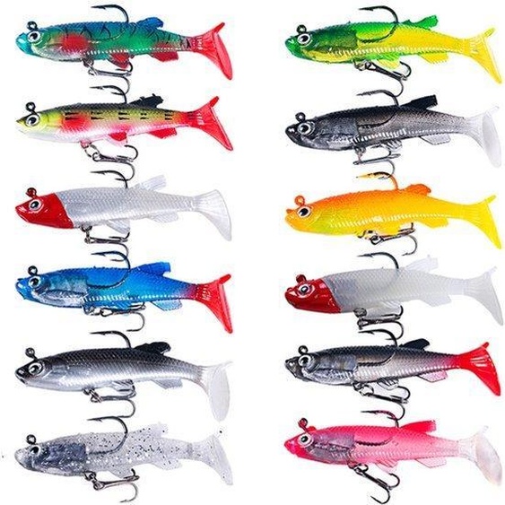 Lot de leurres en caoutchouc - différentes espèces de poissons - pour la pêche en mer - avec tête plombée - pour différentes espèces de poissons - pour la pêche en mer et en eau douce - leurres en caoutchouc de différentes formes