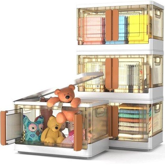 Lot de trois bacs de rangement de 72 litres avec couvercle, pliables, empilables, dotés dune porte verrouillable, en plastique avec roulettes et poignées, pour la cuisine, le salon ou la chambre à coucher