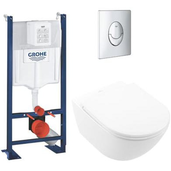 Lot WC modèle suspendu  Universo TwistFlush blanc + bâti et plaque chromée GROHE