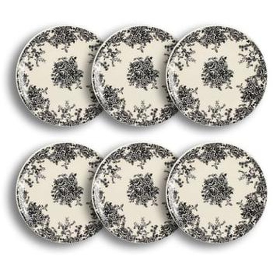 Lot6 assiettes a dessert florali 19.5cm en gres decor noir