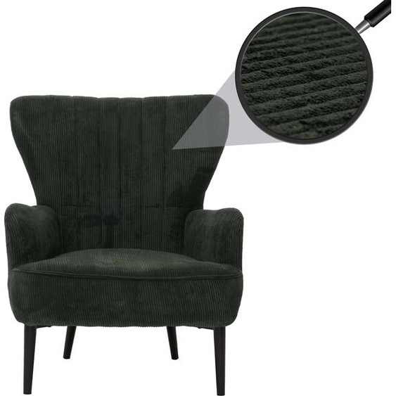 Lounge-Sessel HWC-K37, Cocktail-/Ohrensessel Polsterstuhl Retro Vintage Stoff Cord (290g/m²) Öko-Tex ~ vert foncé