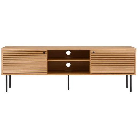 Meuble TV - LOWAN - 2 Niches 2 Portes - Effet Tasseaux - Chêne Clair - Design Contemporain