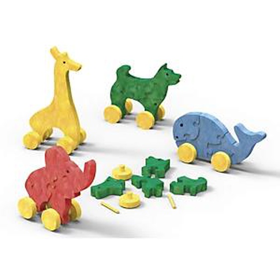 LUDUS Sachet de 4 Animaux puzzles 3D à assembler sur roues léger, recyclable, à partir de 3 ans