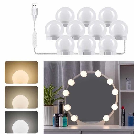 Lumière de Miroir 10 Ampoules Adhésif pour Coiffeuse Maquillage LED Miroir Hollywood Dimmable Lampe Coiffeuse USB 3 Couleurs