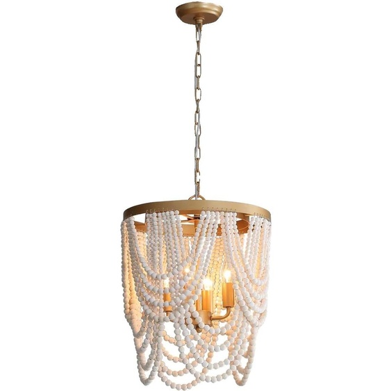 Lustre, perles en bois, design polyvalent, blanc vintage, 4 lumières