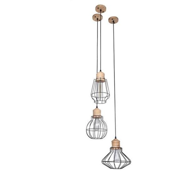 Lustre Suspension Metal et Bois Lampe de Plafond Creative Industriel Cage 3 Suspensions Réglable en Hauteur E27*3 [Classe