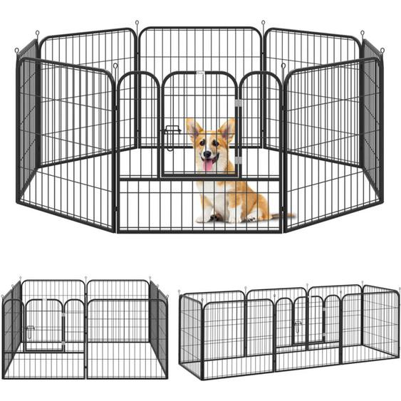 Luxe parc enclos modulable pour chien 8 panneaux porte verrouillable acier époxy noir