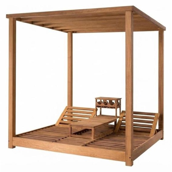 Luxus Sonneninsel Lounge-Bett Beige Holz mit Baldachin Garten