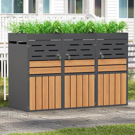 LVHOM Abri pour poubelles 3 compartiments en métal aspect bois avec jardinière, verrouillable