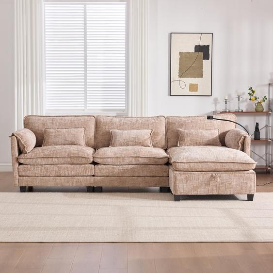 LVHOM Canapé dangle en L, 3 places avec ottomane, canapé rembourré Chenille avec USB et support pour téléphone portable, canapé modulable avec poche latérale, pouf avec espace de rangement, kaki