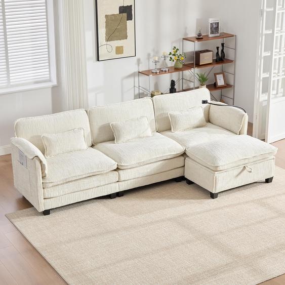 LVHOM Canapé dangle en L, 3 places avec ottomane, canapé rembourré Chenille avec USB et support pour téléphone portable, canapé modulaire avec poche latérale, pouf avec espace de rangement, Beige