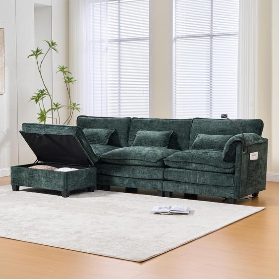LVHOM Canapé dangle en L, 3 places avec ottomane, canapé rembourré Chenille avec USB et support pour téléphone portable, canapé modulaire avec poche latérale, pouf avec espace de rangement, Emerald
