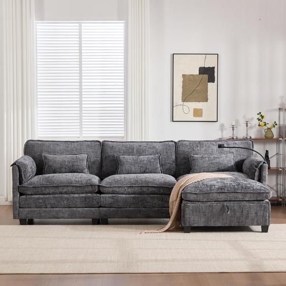 LVHOM Canapé dangle en L, 3 places avec ottomane, canapé rembourré Chenille avec USB et support pour téléphone portable, canapé modulaire avec poche latérale, pouf avec espace de rangement, Gris