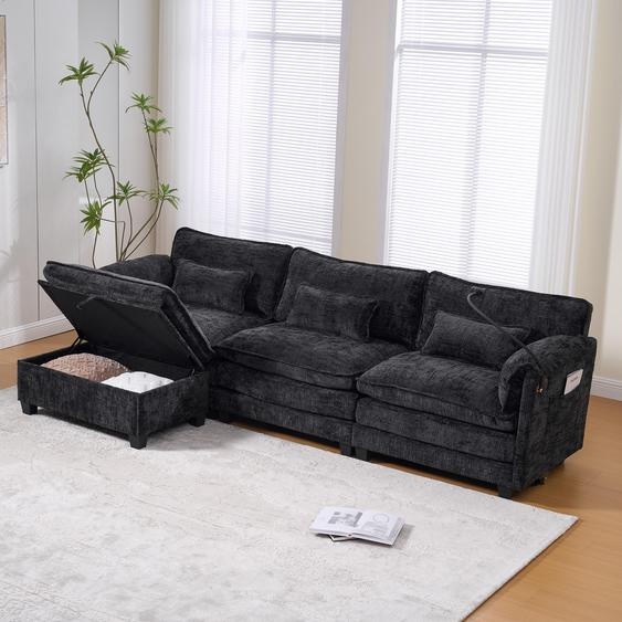 LVHOM Canapé dangle en L, 3 places avec ottomane, canapé rembourré Chenille avec USB et support pour téléphone portable, canapé modulaire avec poche latérale, pouf avec espace de rangement, noir