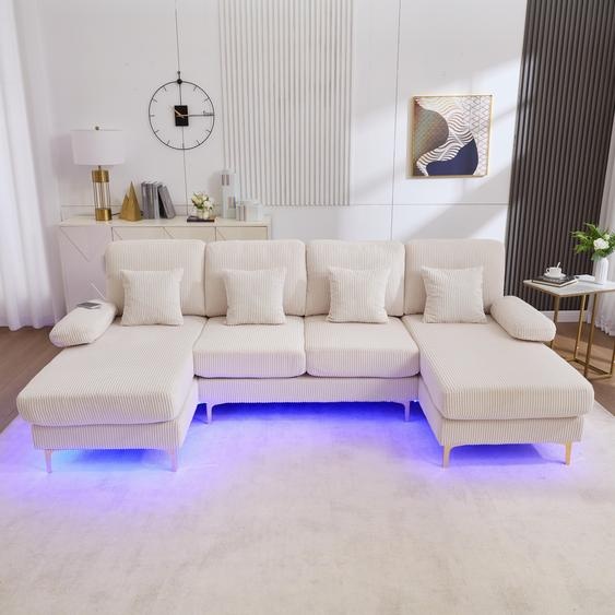 LVHOM Canapé dangle en U avec fonction sommeil & éclairage LED, Canapé de salon avec connexion USB, Tissu Cord Canapé, Beige