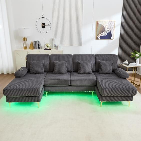 LVHOM Canapé dangle en U avec fonction sommeil & éclairage LED, Canapé de salon avec connexion USB, Tissu Cord Canapé, Gris