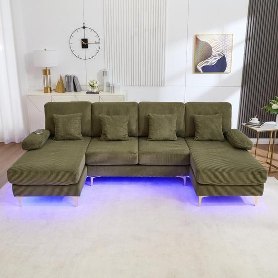 LVHOM Canapé dangle en U avec fonction sommeil & éclairage LED, Canapé de salon avec connexion USB, Tissu Cord Canapé, Vert