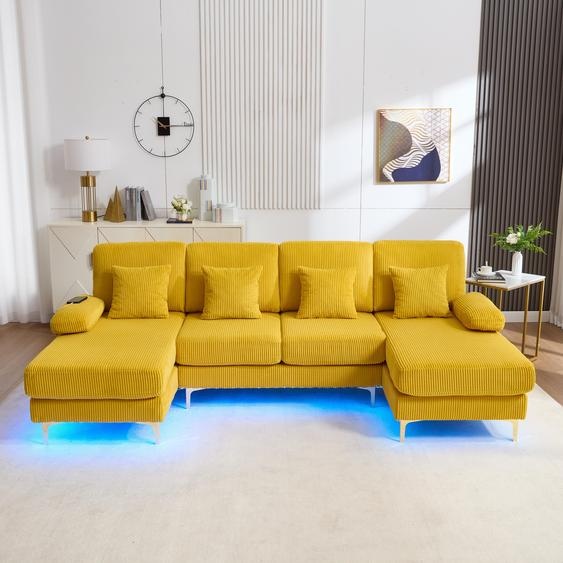 LVHOM Canapé dangle en U avec fonction sommeil & éclairage LED, Canapé de salon avec prise USB, tissu Cord Canapé, Jaune
