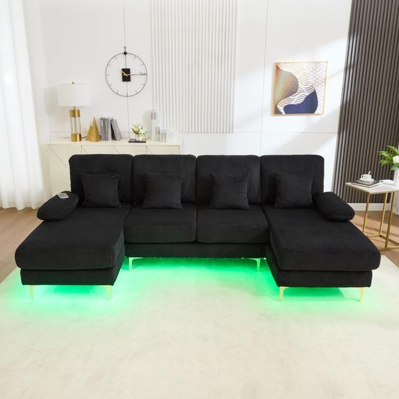 LVHOM Canapé dangle en U avec fonction sommeil & éclairage LED, Canapé de salon avec prise USB, tissu Cord Canapé, Noir