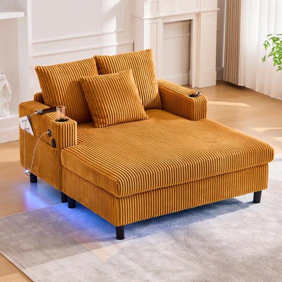 LVHOM Canapé-lit avec LED & USB, fauteuil palmier en velours côtelé, canapé lounge avec poches latérales & porte-boisson, capacité de charge 350kg, 128x85x142 cm, jaune