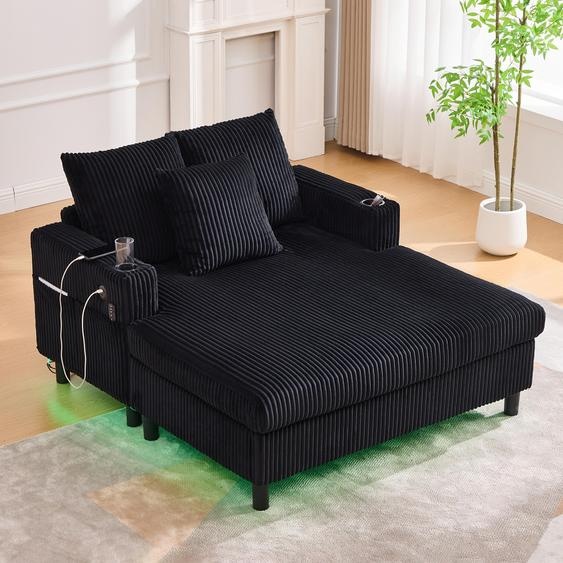 LVHOM Canapé-lit avec LED & USB, fauteuil palmier en velours côtelé, canapé lounge avec poches latérales & porte-boisson, capacité de charge 350kg, 128x85x142 cm, noir