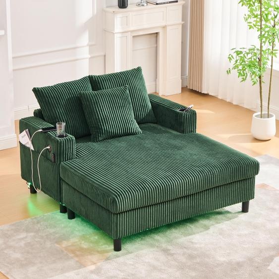 LVHOM Canapé-lit avec LED & USB, fauteuil palmier en velours côtelé, canapé lounge avec poches latérales & porte-boisson, capacité de charge 350kg, 128x85x142 cm, vert