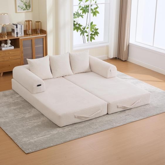 LVHOM Canapé-lit pliable en velours côtelé, Lit de jour modulaire avec structure métallique, Canapé pliant Canapé de sol avec espace de rangement, capacité de charge 300kg, Beige