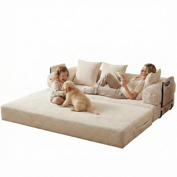 LVHOM Canapé-lit pliable en velours côtelé, Lit de jour modulaire avec structure métallique, Canapé pliant Canapé de sol avec espace de rangement, capacité de charge 300kg, Beige