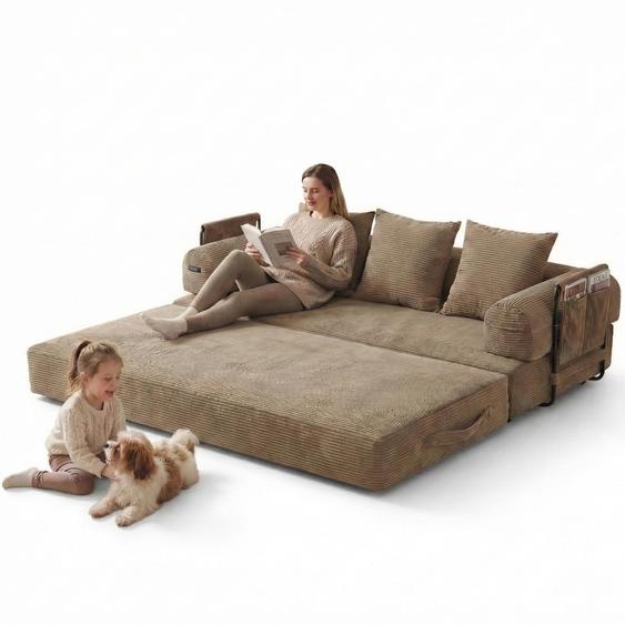 LVHOM Canapé-lit pliable en velours côtelé, Lit de jour modulaire avec structure métallique, Canapé pliant Canapé de sol avec espace de rangement, capacité de charge 300kg, Kaki