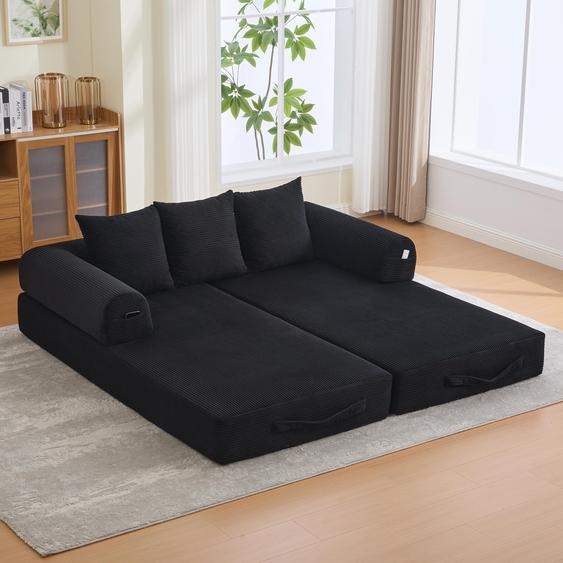LVHOM Canapé-lit pliable en velours côtelé, Lit de jour modulaire avec structure métallique, Canapé pliant Canapé de sol avec espace de rangement, capacité de charge 300kg, Noir