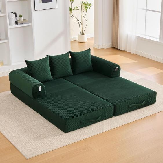 LVHOM Canapé-lit pliable en velours côtelé, Lit de jour modulaire avec structure métallique, Canapé pliant Canapé de sol avec espace de rangement, capacité de charge 300kg, Vert
