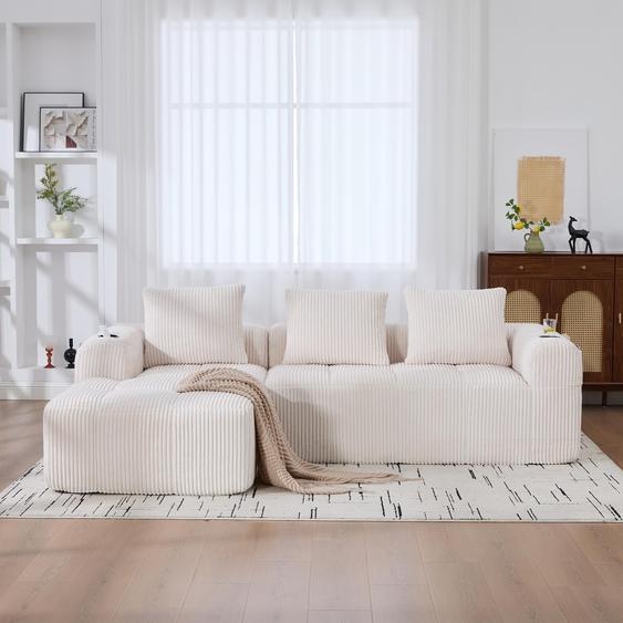 LVHOM Canapé modulable avec fonction sommeil, Canapé dangle recouvert de velours côtelé, 3 places avec porte-gobelet, Canapé-lit sans montage, Canapé lounge avec poche latérale, Beige