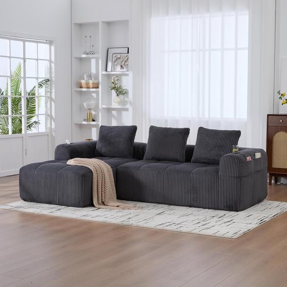 LVHOM Canapé modulable avec fonction sommeil, Canapé dangle recouvert de velours côtelé, 3 places avec porte-gobelet, Canapé-lit sans montage, Canapé lounge avec poche latérale, Gris