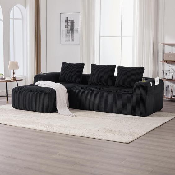 LVHOM Canapé modulable avec fonction sommeil, Canapé dangle recouvert de velours côtelé, 3 places avec porte-gobelet, Canapé-lit sans montage,Canapé lounge avec poche latérale,Noir