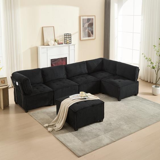 LVHOM Canapé modulable en forme de U 308 x 82 x 154 cm, 6 places avec fonction sommeil, Canapé dangle modulable en velours côtelé, canapé en mousse convertible, ensemble de canapés, noir