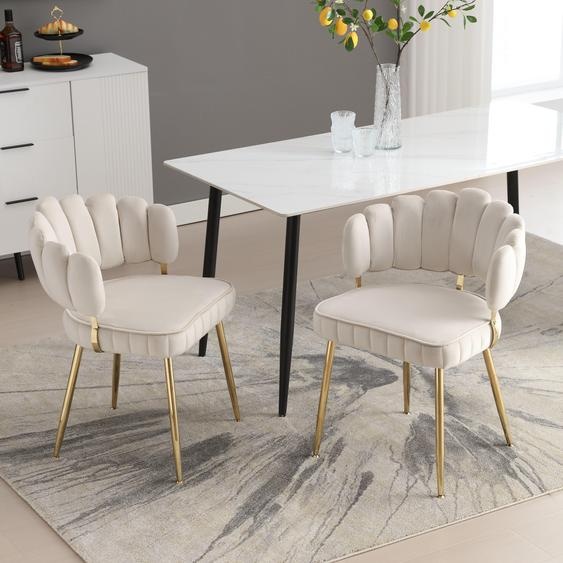 LVHOM Chaise de salle à manger set de 2 avec pieds métalliques dorés, chaise rembourrée velours pétale dossier design, chaise de salon cuisine, beige